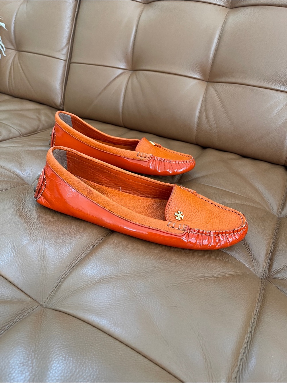 Tory Burch Orange Patent Leather Driving Loafers with Rubber Pebble Soles - Picture 4 of 10